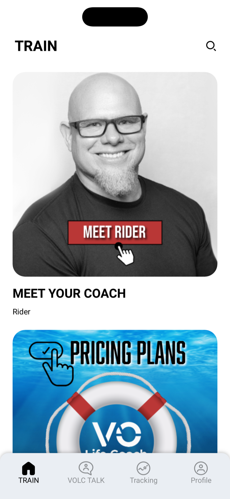 The Train tab of the VO Life Coach app.